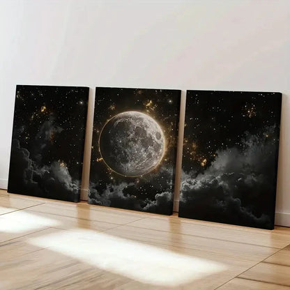 3pcs Moonlit Sky, Cosmic Clouds, Celestial Art Wall Art Set Canvas Framed 50x70cm - High Quality Print 100% Australian Made Wall Canvas Ready to Hang