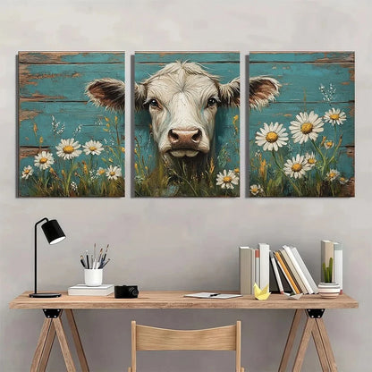 3pcs Rustic Farmhouse Teal & White Cow Daisies Metal Print Ready to Hang Art