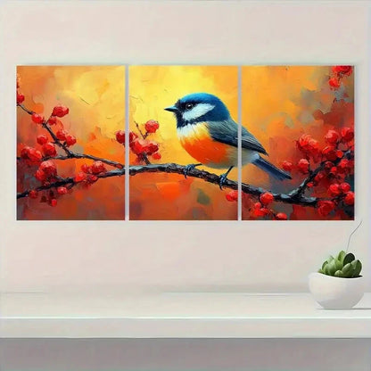 3pcs Vibrant Tufted Chickadee Blue & Orange Birds Metal Print Ready to Hang Art