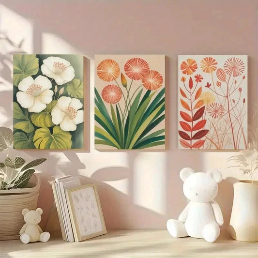 3pcs White Flowers Orange Flowers Green Leaves Metal Print Ready to Hang Art