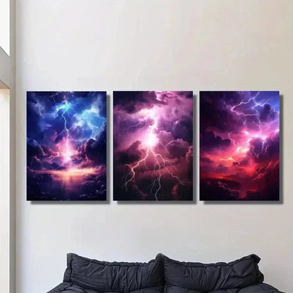3pcs Abstract Purple and Blue Lightning Clouds Wall Art Canvas Unframed - High Quality Print 100% Australian Made Wall Canvas
