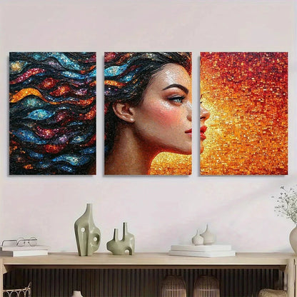 3pcs Vibrant Mosaic Design Blue Orange & Black Metal Print Ready to Hang Art