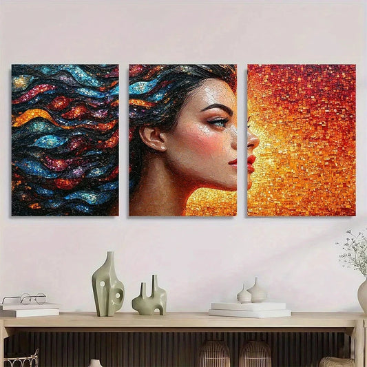 3pcs Vibrant Mosaic Design Blue Orange & Black Metal Print Ready to Hang Art