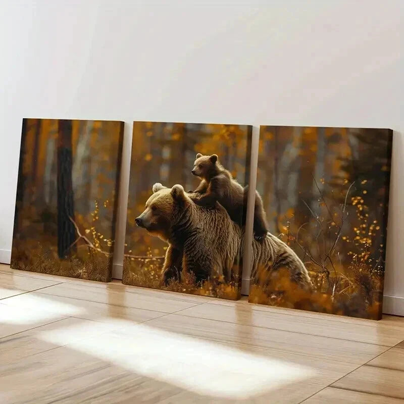 3pcs Bear And Cub Forest Autumn Nature Wall Art Set Canvas Framed 40x60cm - High Quality Print 100% Australian Made Wall Canvas Ready to Hang