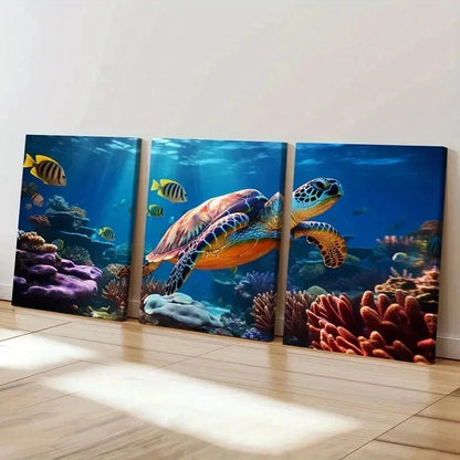 3pcs Marine Life Art Sea Turtle Fish Wall Art Set Canvas Framed 50x70cm - High Quality Print 100% Australian Made Wall Canvas Ready to Hang