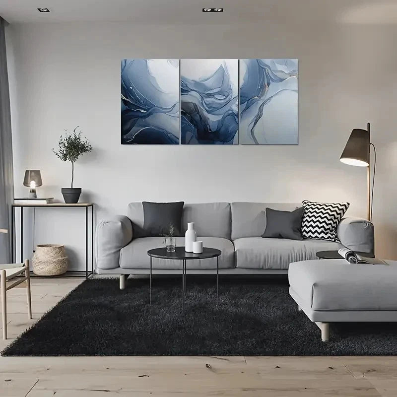 3pcs Blue and White Marble Effect Metal Print Ready to Hang Art