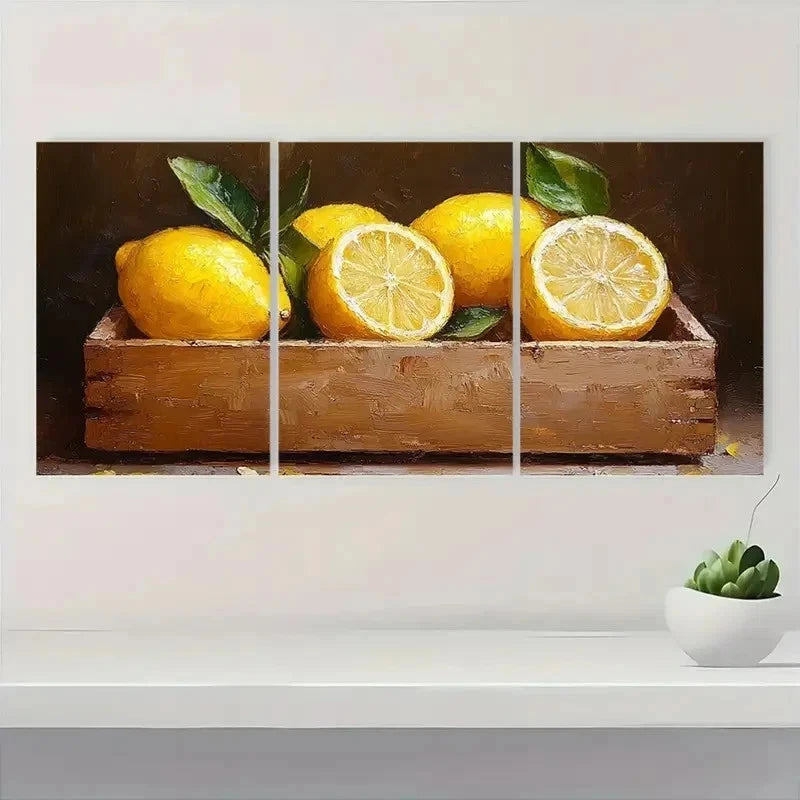 3pcs Lemon Fruits Artwork Neutral Perfect Wall Art Set Canvas Framed 40x60cm - High Quality Print 100% Australian Made Wall Canvas Ready to Hang