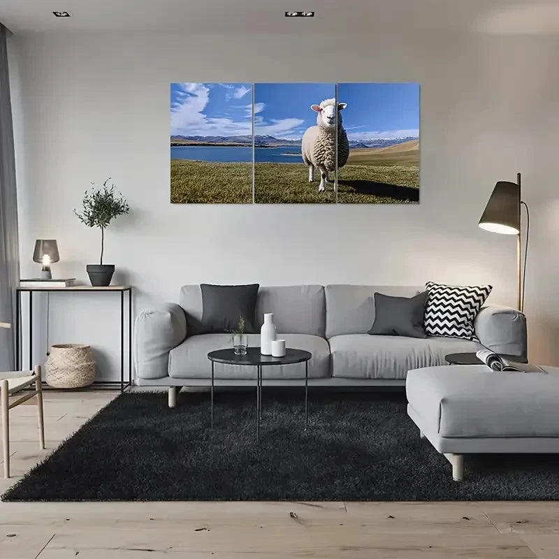 3pcs Scene with Lake and Mountains Sheep Metal Print Ready to Hang Art
