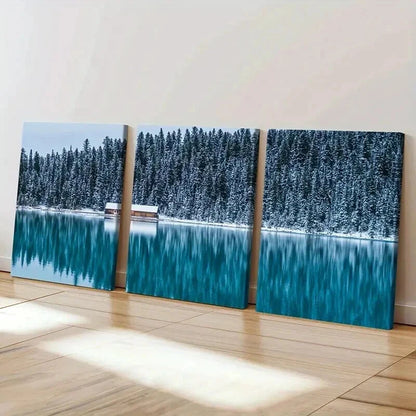 3pcs Snow Cabin Lake Forest Modern Wall Art Set Canvas Framed 40x60cm - High Quality Print 100% Australian Made Wall Canvas Ready to Hang