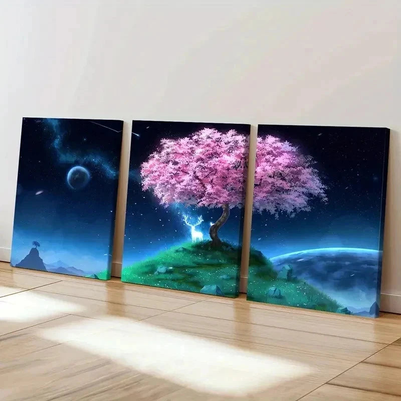 3pcs Sparkling Deer Starry Sky & Cherry Blossom Wall Art Set Canvas Framed 40x60cm - High Quality Print 100% Australian Made Wall Canvas Ready to Hang