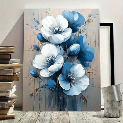 White & Blue Floral Botanical Painting 40x60cm Metal Print Ready to Hang