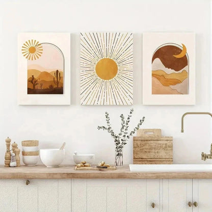 3pcs Western Desert Sun Moon Modern Perfect Wall Art Set Canvas Framed 40x60cm - High Quality Print 100% Australian Made Wall Canvas Ready to Hang