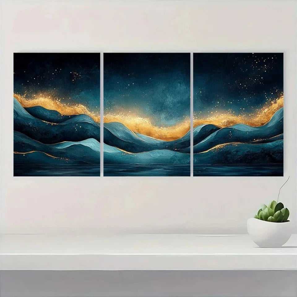 3pcs Teal Golden Dots Modern Abstract Painting Metal Print Ready to Hang Art