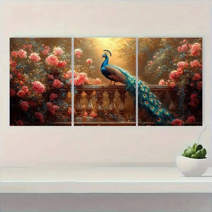 3pcs Elegant Peacock & Floral Vintage Golden Blue Metal Print Ready to Hang Art