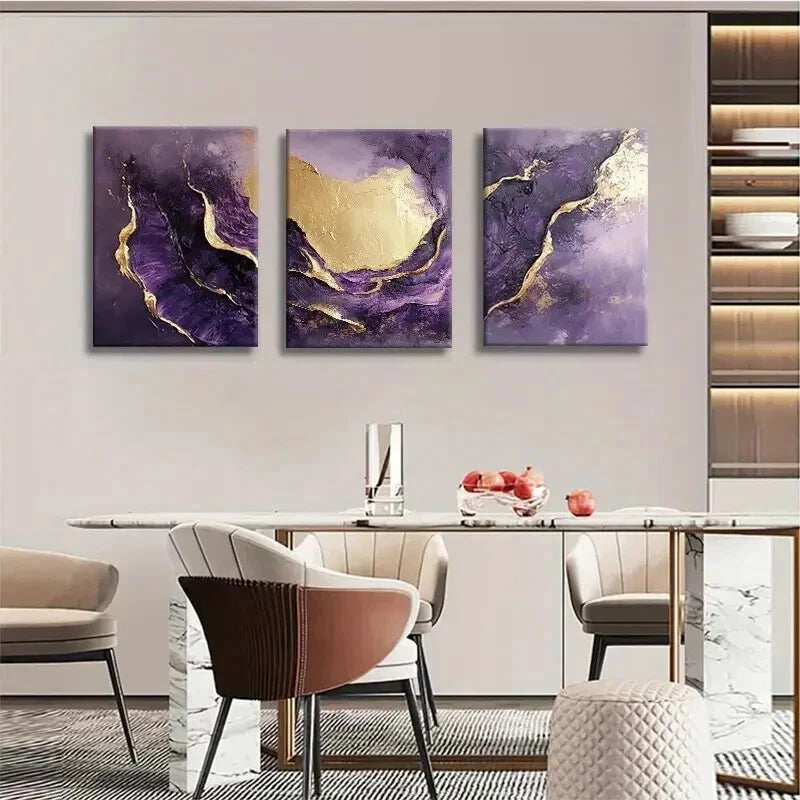 3pcs Purple and Golden Abstract Fluid Wall Art Set Canvas Framed 40x60cm - High Quality Print 100% Australian Made Wall Canvas Ready to Hang