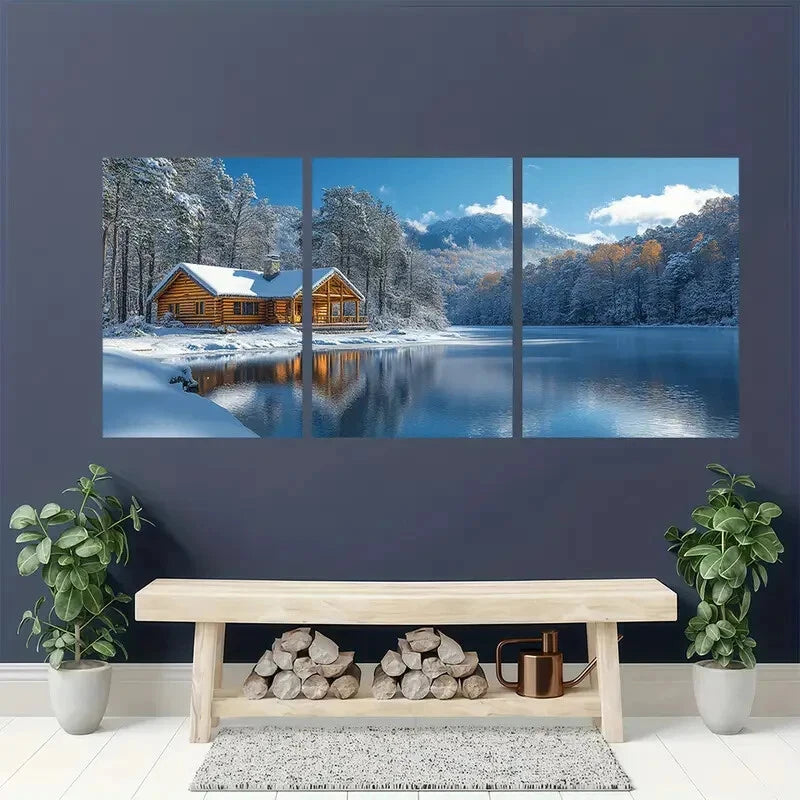 3pcs Rustic Christmas Cabin Winter Scene aWall Art Set Canvas Framed 40x60cm - High Quality Print 100% Australian Made Wall Canvas Ready to Hang