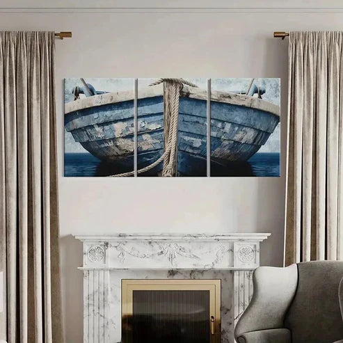 3pcs Blue Wooden Boat & Rope Design Wall Art Canvas Unframed - High Quality Print 100% Australian Made Wall Canvas