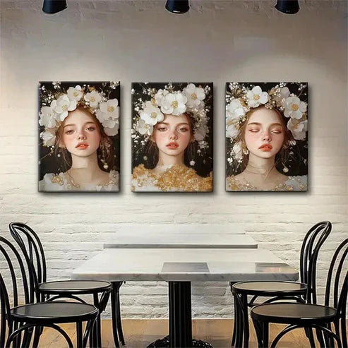 3pcs Woman in Floral Headpiece Dreamy Perfect Wall Art Set Canvas Unframed - High Quality Print 100% Australian Made Wall Canvas