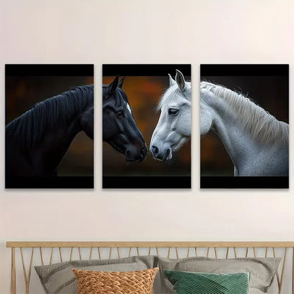 3pcs Couple Horses Black White Metal Print Ready to Hang Art