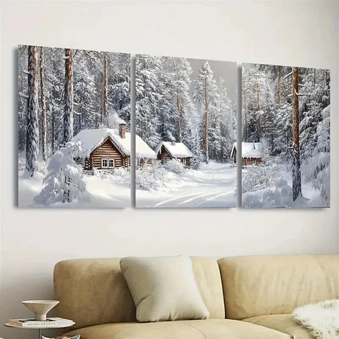 3pcs Winter Village Art Rustic Snowy Cabins Wall Art Set Canvas Unframed - High Quality Print 100% Australian Made Wall Canvas