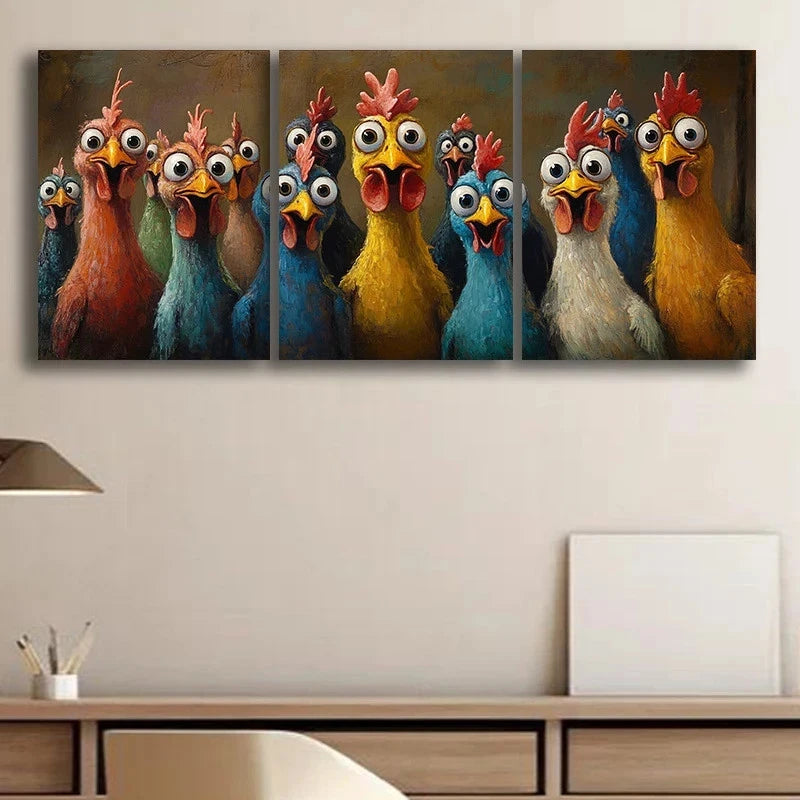 3pcs Style Chickens Blue Yellow Red Metal Print Ready to Hang Art