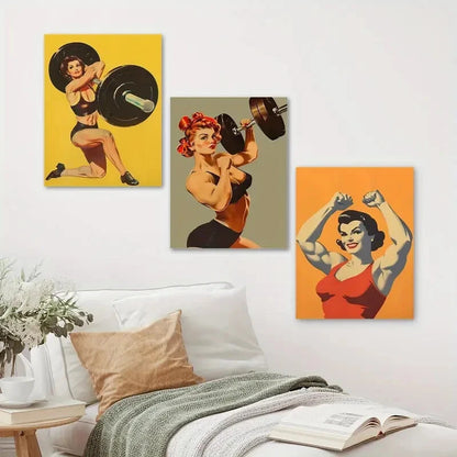 3pcs Vintage Gym Female Weightlifter Perfect Wall Art Set Canvas Framed 40x60cm - High Quality Print 100% Australian Made Wall Canvas Ready to Hang