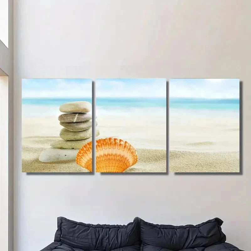 3pcs Beach Zen Stone Stack and Seashell Metal Print Ready to Hang Art