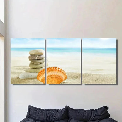 3pcs Beach Zen Stone Stack and Seashell Metal Print Ready to Hang Art