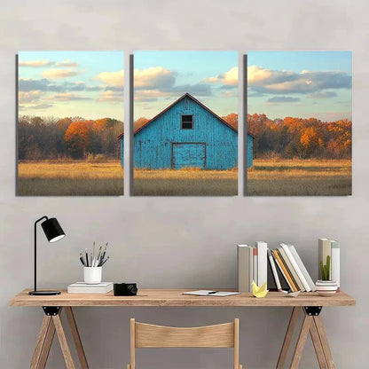 3pcs Rustic Farmhouse Teal Gray Barn Metal Print Ready to Hang Art