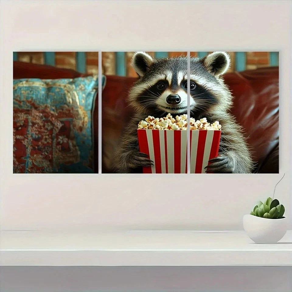 3pcs Funny Raccoon Popcorn & Movie Ticket Metal Print Ready to Hang Art