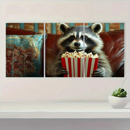 3pcs Funny Raccoon Popcorn & Movie Ticket Metal Print Ready to Hang Art