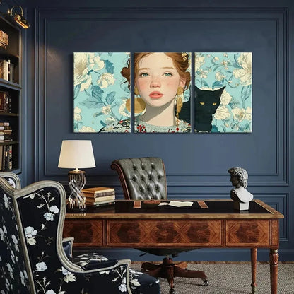 3pcs Woman Portrait Black Cat Floral Background Metal Print Ready to Hang Art