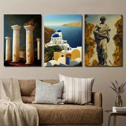 3pcs Santorini Island Landscape Statue Perfect Wall Art Set Canvas Framed 40x60cm - High Quality Print 100% Australian Made Wall Canvas Ready to Hang