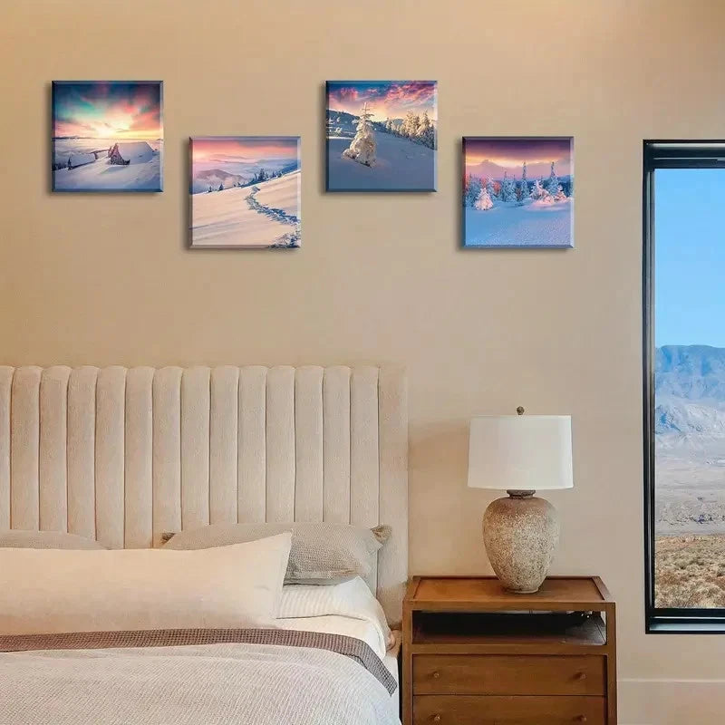 4pcs Purple Landscape And Snow Forest Natural Wall Art Canvas Framed