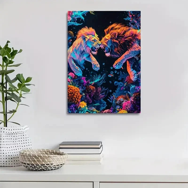 Neon Glow Lion Chasing Underwater Scene Painting 40x60cm Metal Print Ready to Hang