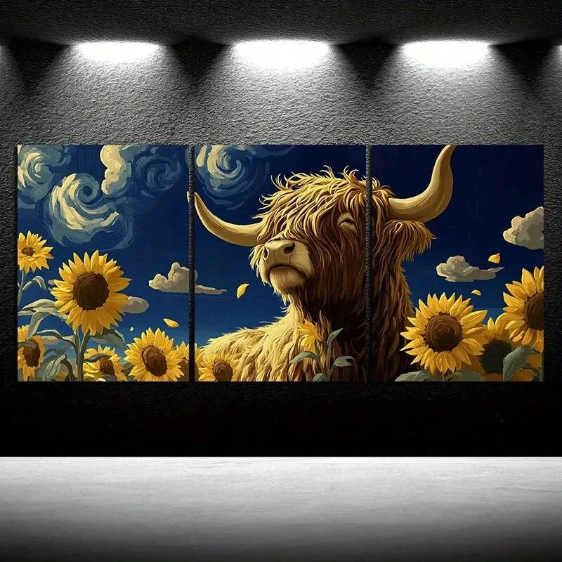 3pcs Sunflowers and Highland Cows Metal Print Ready to Hang Art