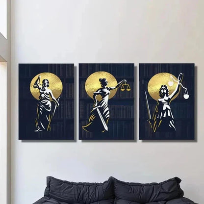 3pcs Golden Silhouette Trio Justice Statue Wall Art Canvas Unframed - High Quality Print 100% Australian Made Wall Canvas