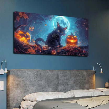 Minimalist Black Cat & Pumpkin Wall Art Canvas Office Home Room Framed 120x60cm