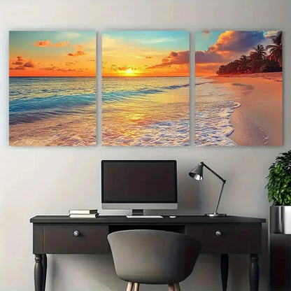 3pcs Tropical Beach Serene Sunset Metal Print Ready to Hang Art