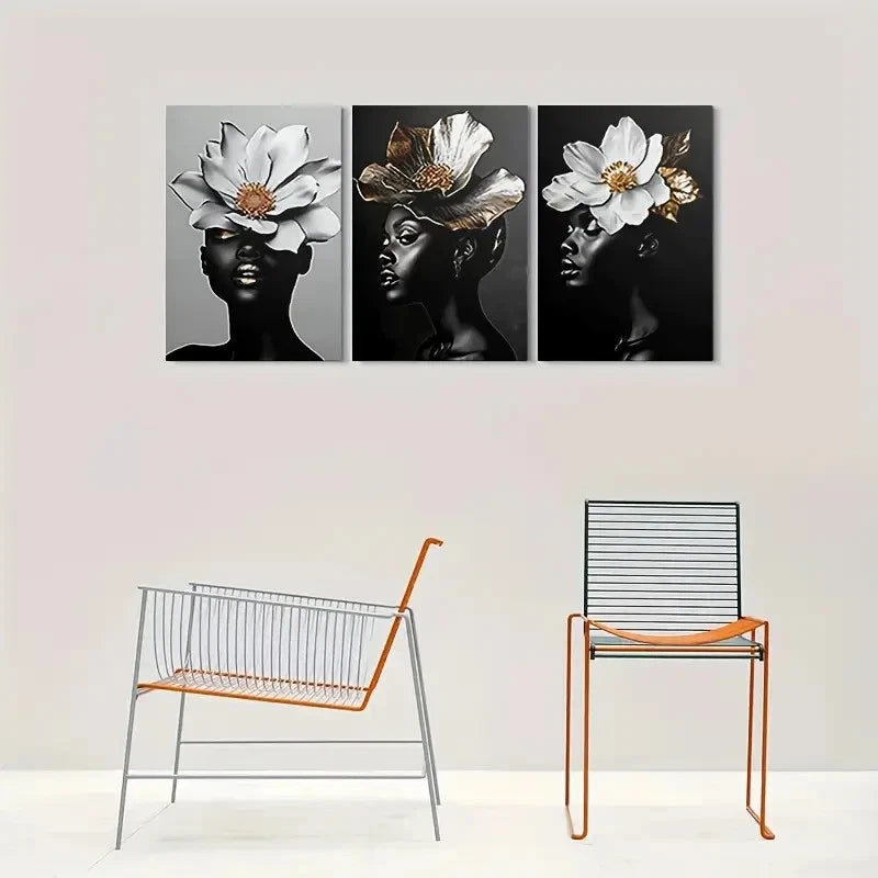 3pcs Black & White with Golden Accents Metal Print Ready to Hang Art