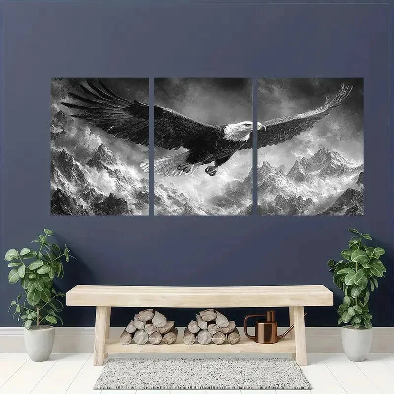 3pcs Dramatic Black and White Bald Eagle Metal Print Ready to Hang Art
