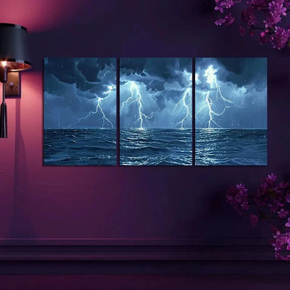 3pcs Tormenta Beach Scene Lightning Metal Print Ready to Hang Art