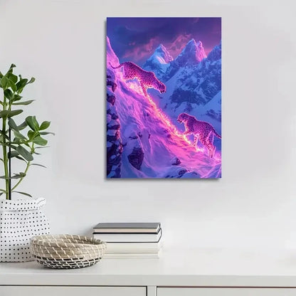 Neon Cheetahs in Snowy Mountain Scene Painting 40x60cm Metal Print Ready to Hang