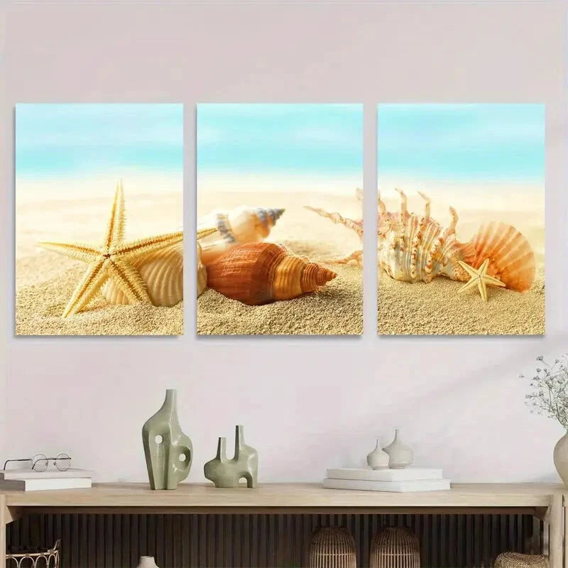 3pcs Beach Seashells and Starfish Triptych Metal Print Ready to Hang Art