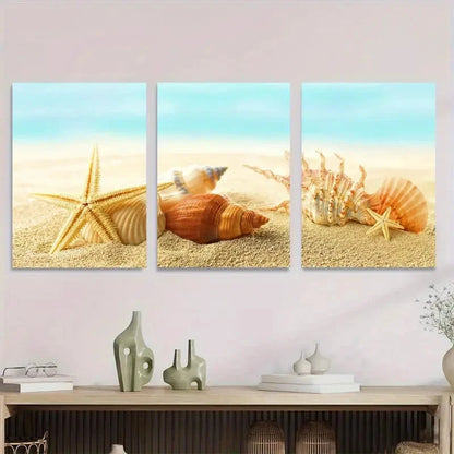3pcs Beach Seashells and Starfish Triptych Metal Print Ready to Hang Art