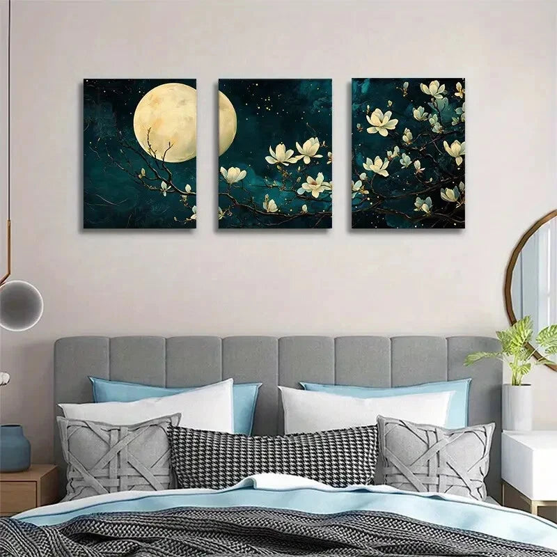 3pcs Golden Magnolia Moonlight Elegant Floral Metal Print Ready to Hang Art