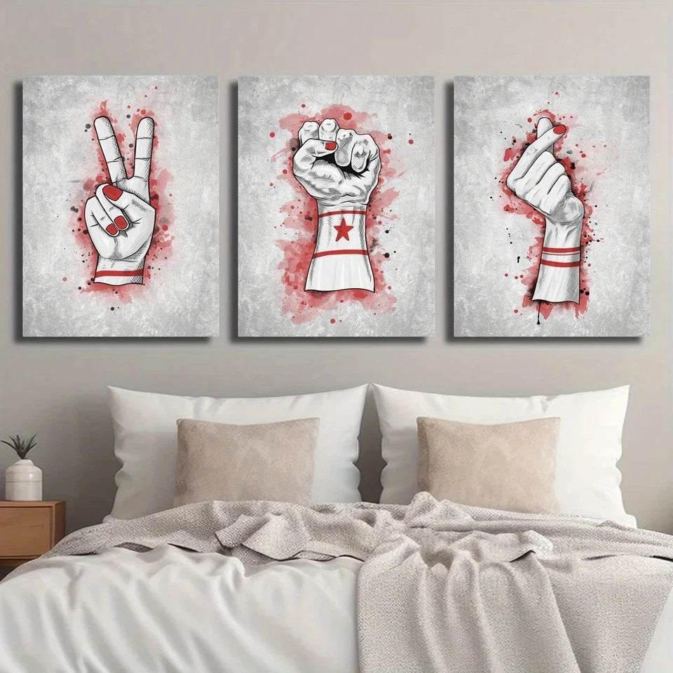 3pcs Abstract Retro Grey and Red Fist Metal Print Ready to Hang Art