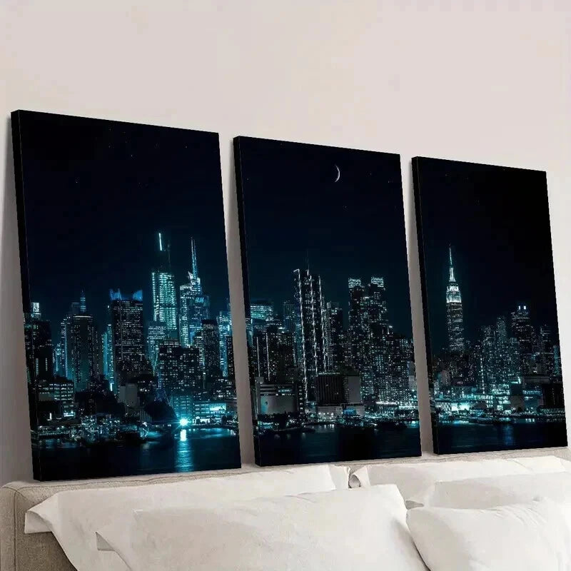 3pcs Night Moon Cityscape Skyscrapers Wall Art Set Canvas Framed 40x60cm - High Quality Print 100% Australian Made Wall Canvas Ready to Hang