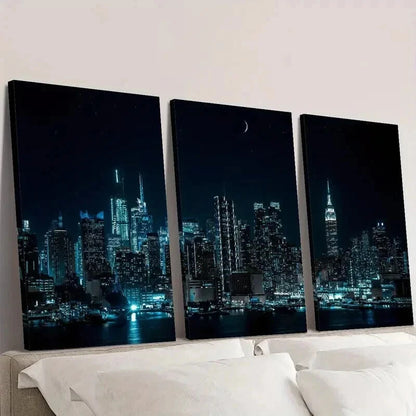 3pcs Night Moon Cityscape Skyscrapers Wall Art Set Canvas Framed 40x60cm - High Quality Print 100% Australian Made Wall Canvas Ready to Hang