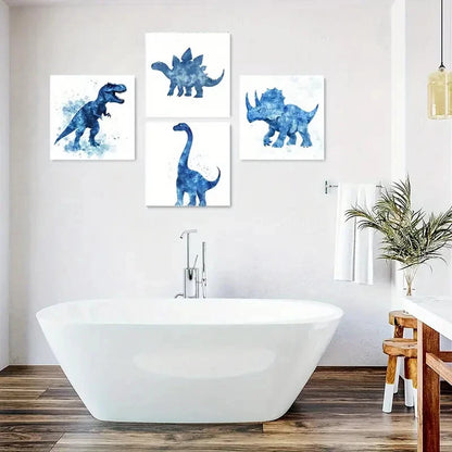 4pcs Dinosaur Square Wall Art Decor, Blue Wall Art Canvas Framed